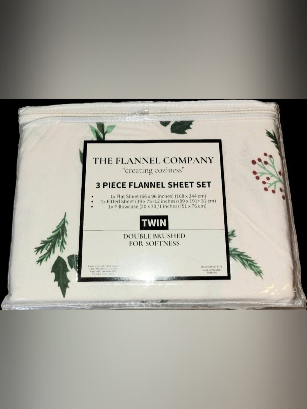 Twin 3-Piece Flannel Sheet Set in White with Green Leaf Print